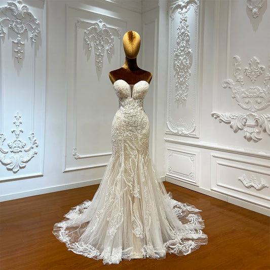 Strapless Ivory color Lace Mermaid Wedding Dress