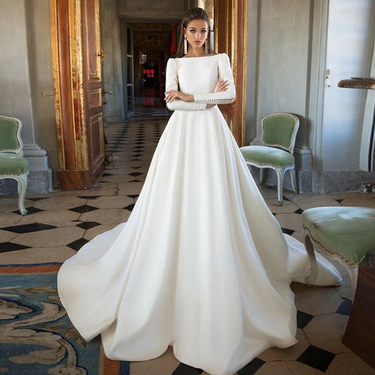 Satin Long Sleeve Simple Wedding Dress