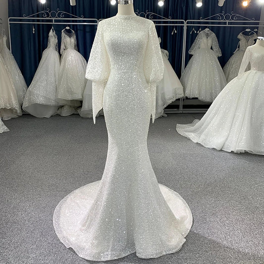Long Sleeve   High Neck Lace Sequins Flowers Mermaid Bridal Dress