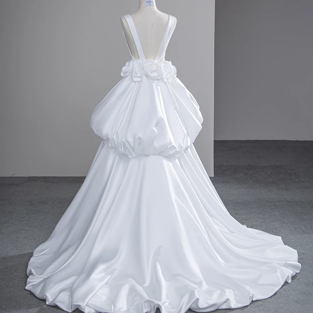 High Low Satin Spaghetti Straps Puffy Bridal Gowns