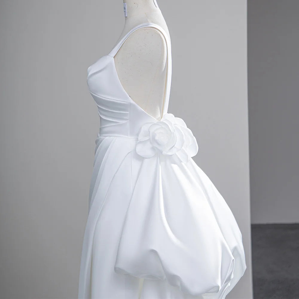 High Low Satin Spaghetti Straps Puffy Bridal Gowns