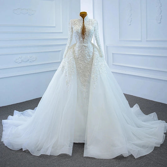 Long-Sleeve Pearls Mermaid Wedding Dresses