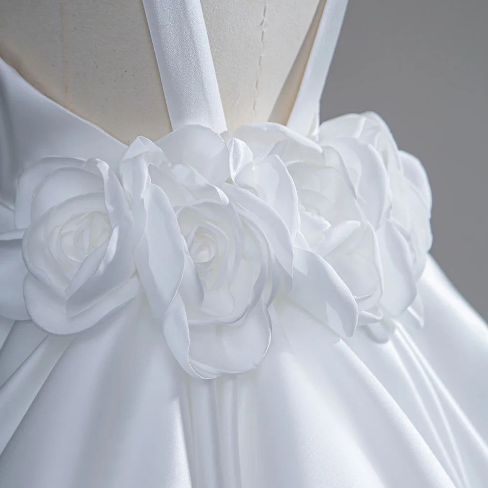 High Low Satin Spaghetti Straps Puffy Bridal Gowns