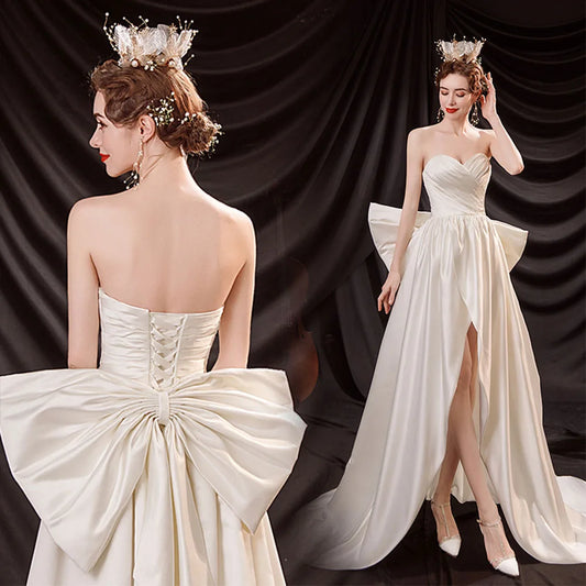 Slit Pleat Satin Wedding Dress with Detachable Bow