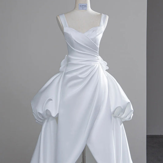 High Low Satin Spaghetti Straps Puffy   Bridal Gowns