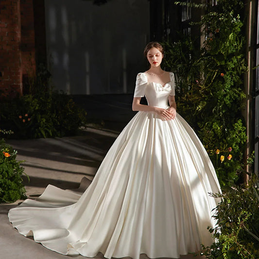 Short Sleeve B Bow Satin Ball Gown