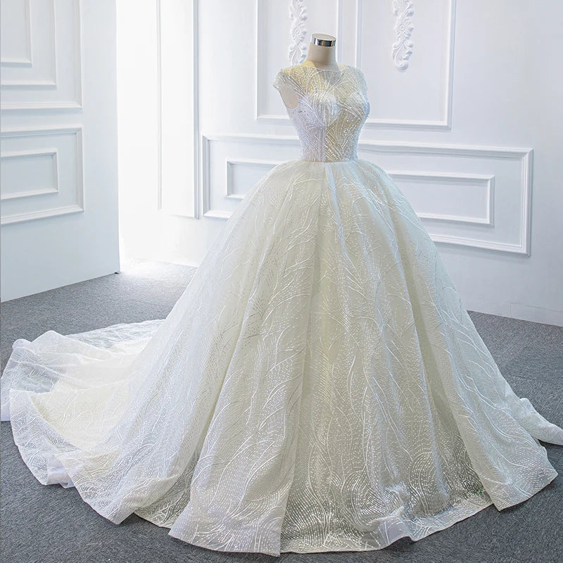 Transparent Lace Sexy Pearl Decoration Wedding Dress
