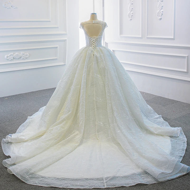 Transparent Lace Sexy Pearl Decoration Wedding Dress