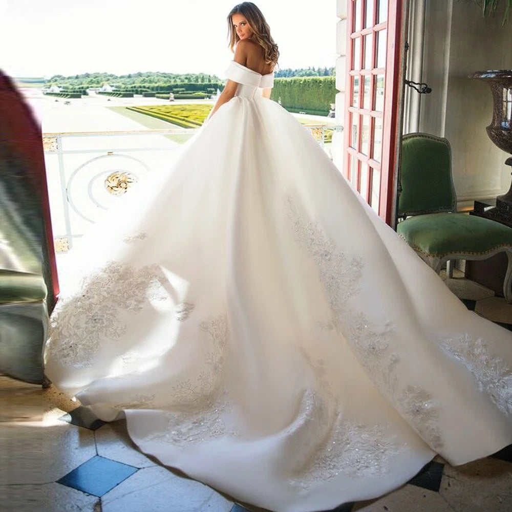 France Satin Short Sleeve Ball Gown Wedding Dress