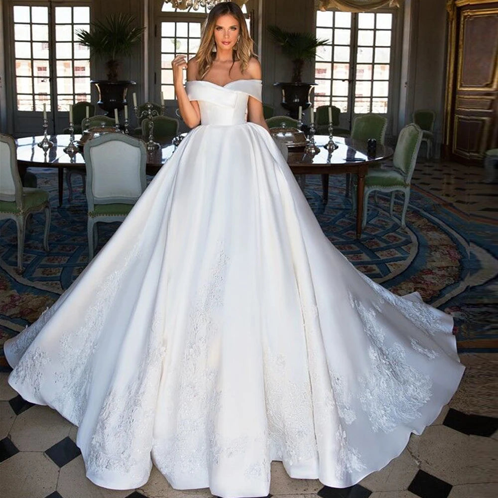France Satin Short Sleeve Ball Gown Wedding Dress
