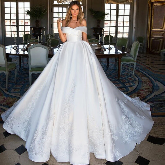France Satin Short Sleeve Ball Gown Wedding Dress