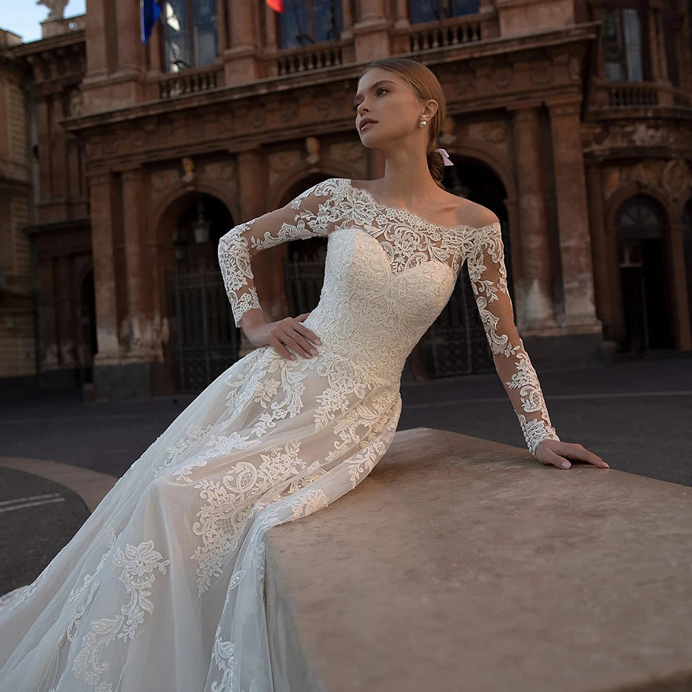 Neck Buttons Up Back Long Sleeve wedding dress