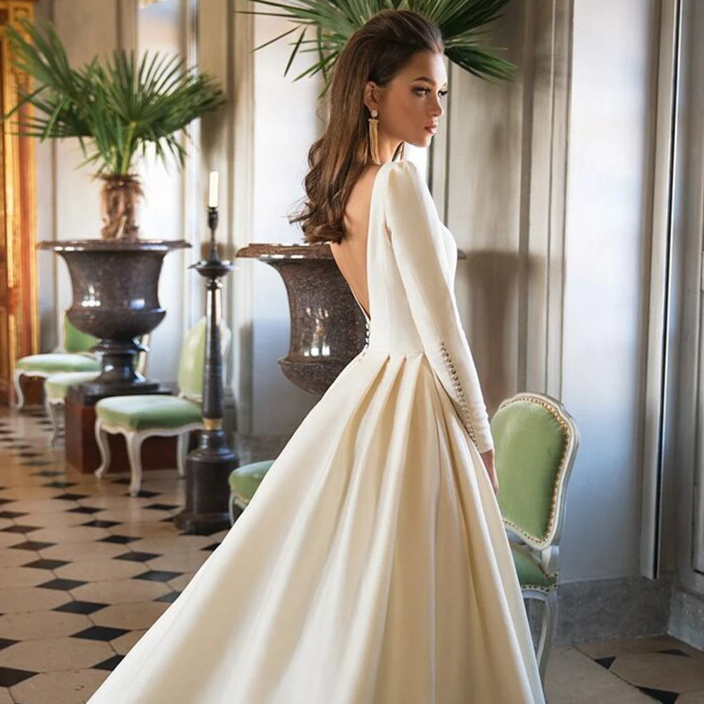 Satin Long Sleeve Simple Wedding Dress