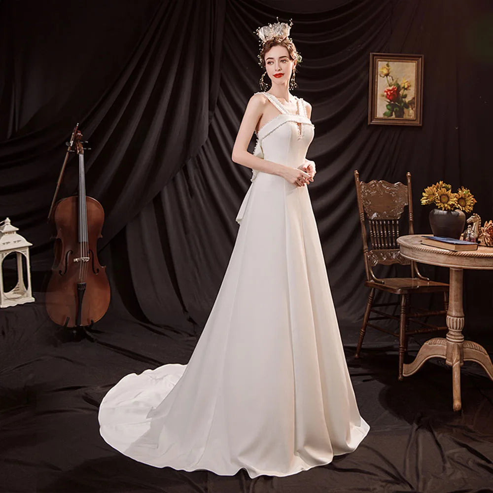 Pearls Bow Satin Wedding Dress