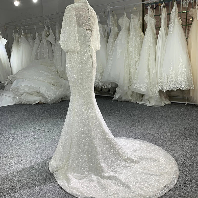 Long Sleeve   High Neck Lace Sequins Flowers Mermaid Bridal Dress