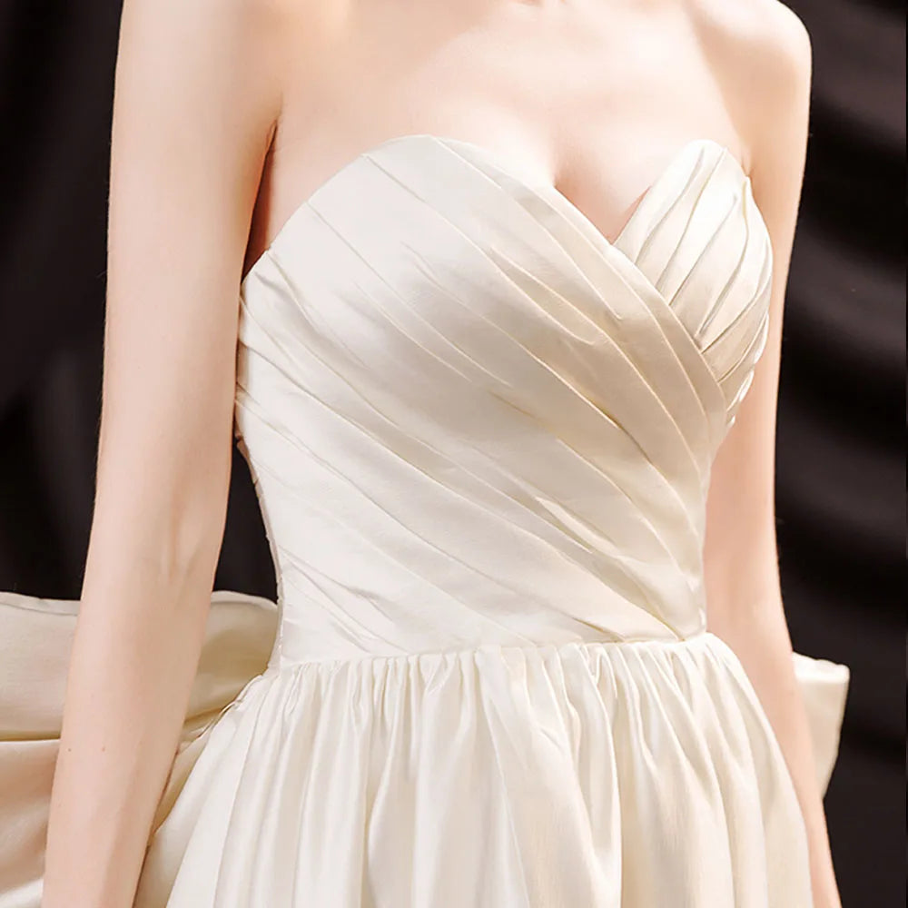 Slit Pleat Satin Wedding Dress with Detachable Bow