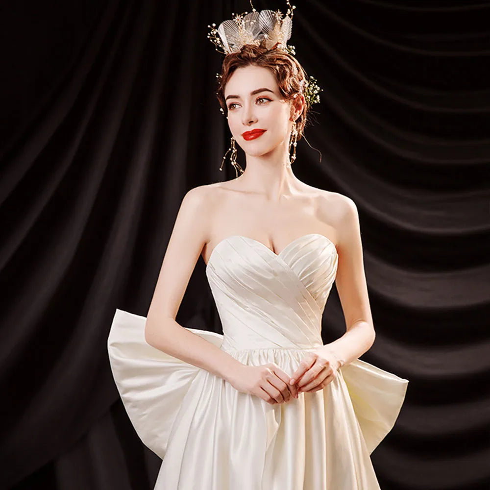 Slit Pleat Satin Wedding Dress with Detachable Bow