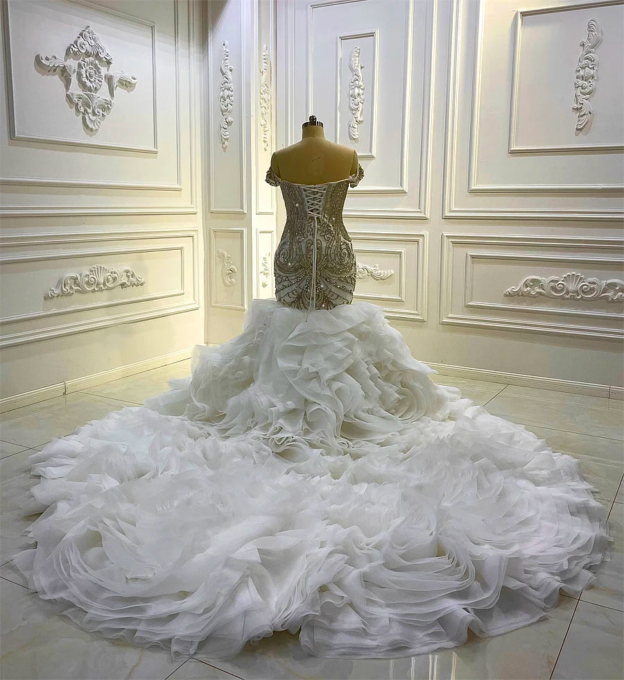 off-the-shoulder mermaid ruffles wedding dress
