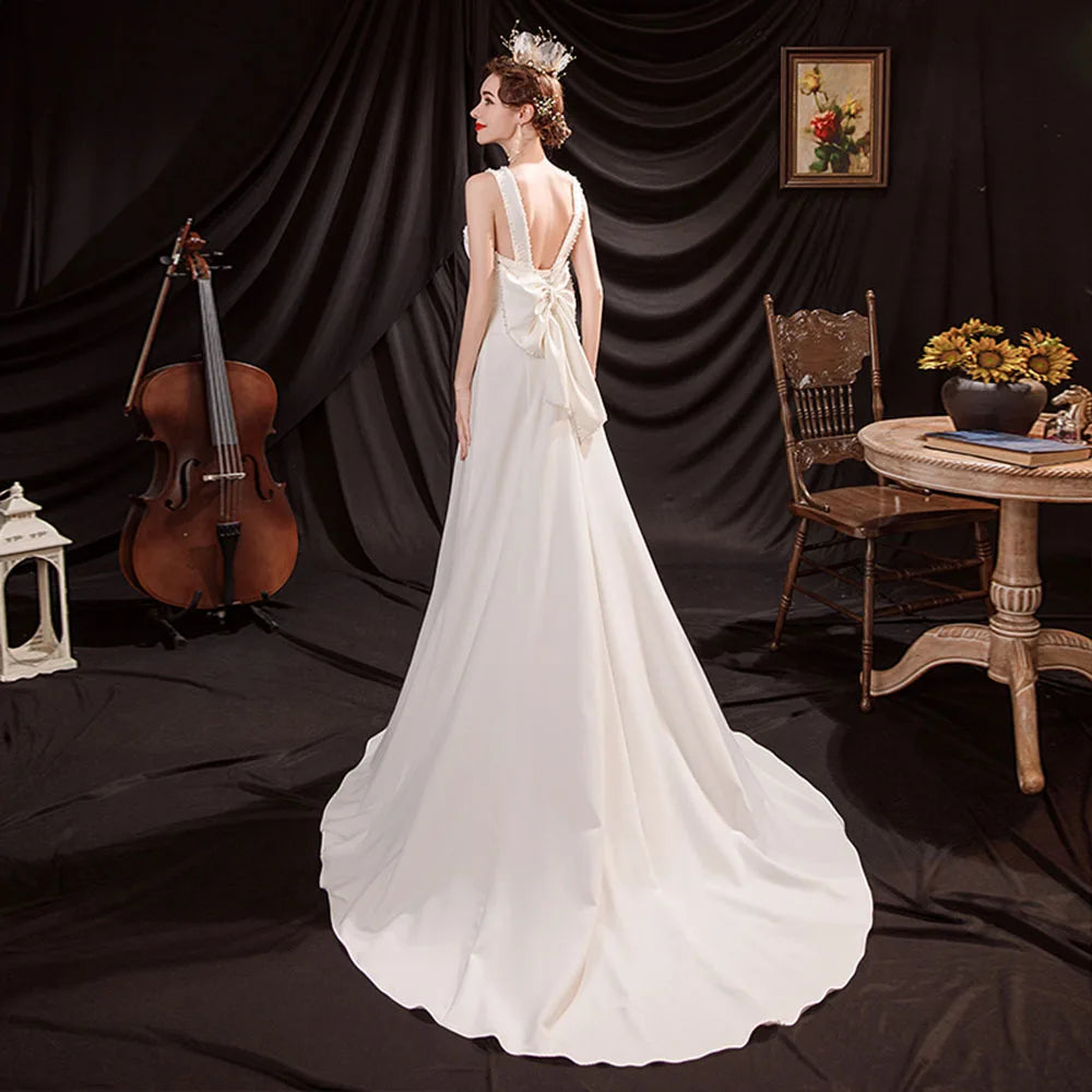 Pearls Bow Satin Wedding Dress