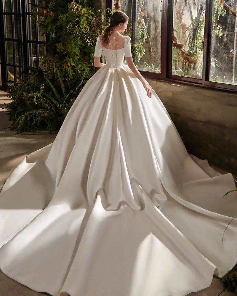 Short Sleeve B Bow Satin Ball Gown