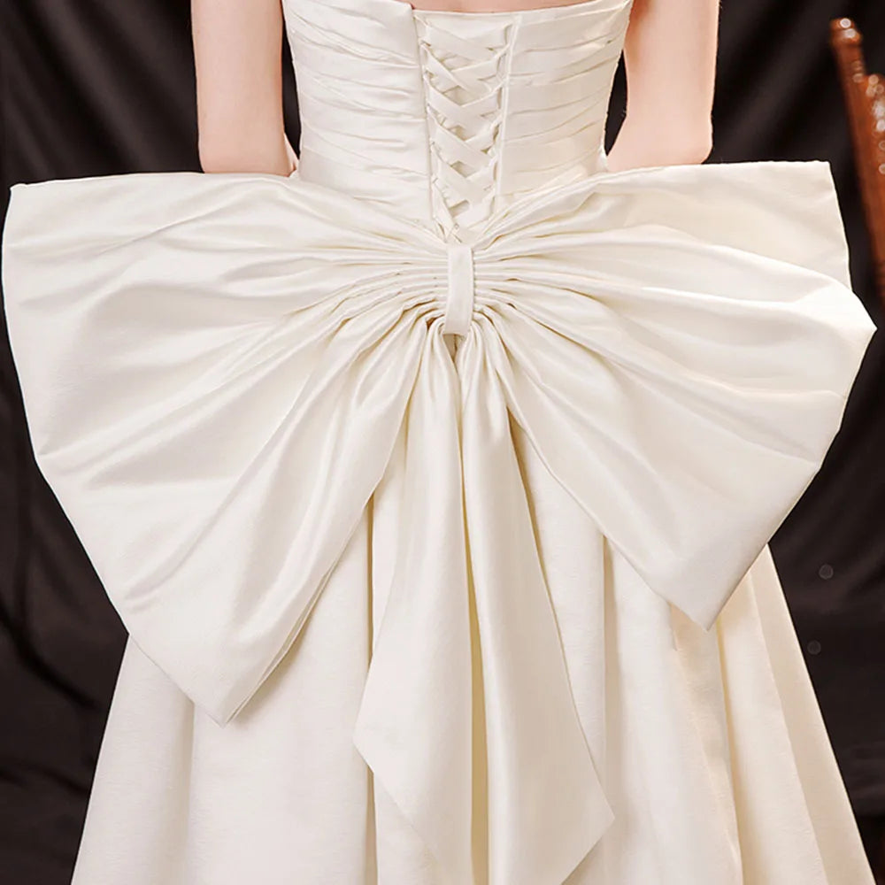 Slit Pleat Satin Wedding Dress with Detachable Bow