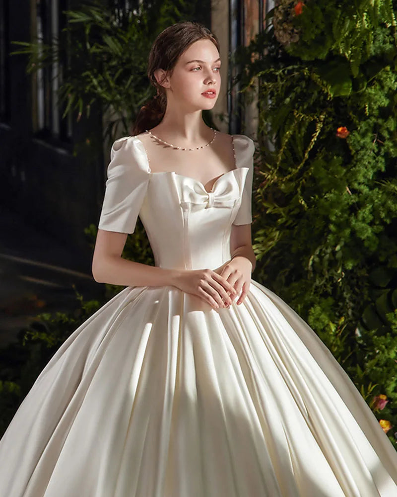 Short Sleeve B Bow Satin Ball Gown