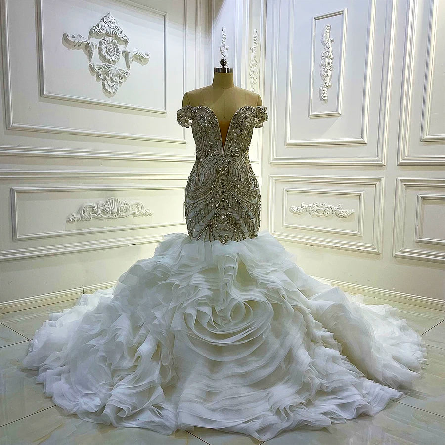 off-the-shoulder mermaid ruffles wedding dress