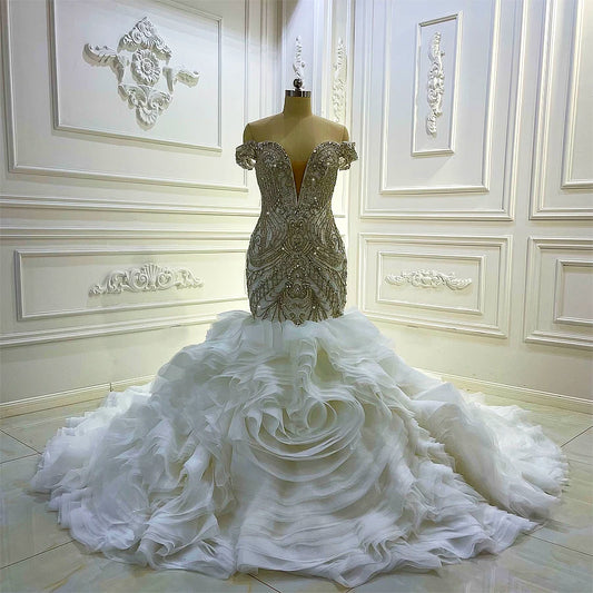 off-the-shoulder mermaid ruffles wedding dress