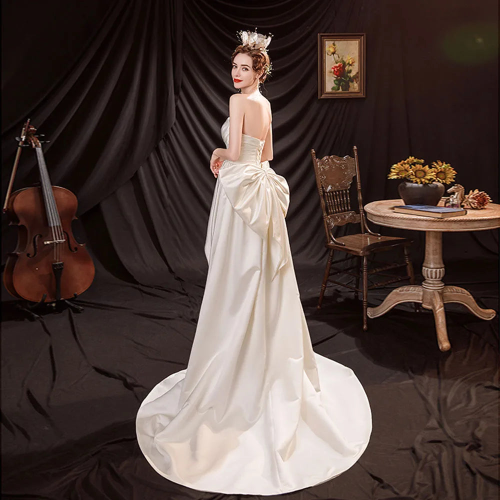 Slit Pleat Satin Wedding Dress with Detachable Bow
