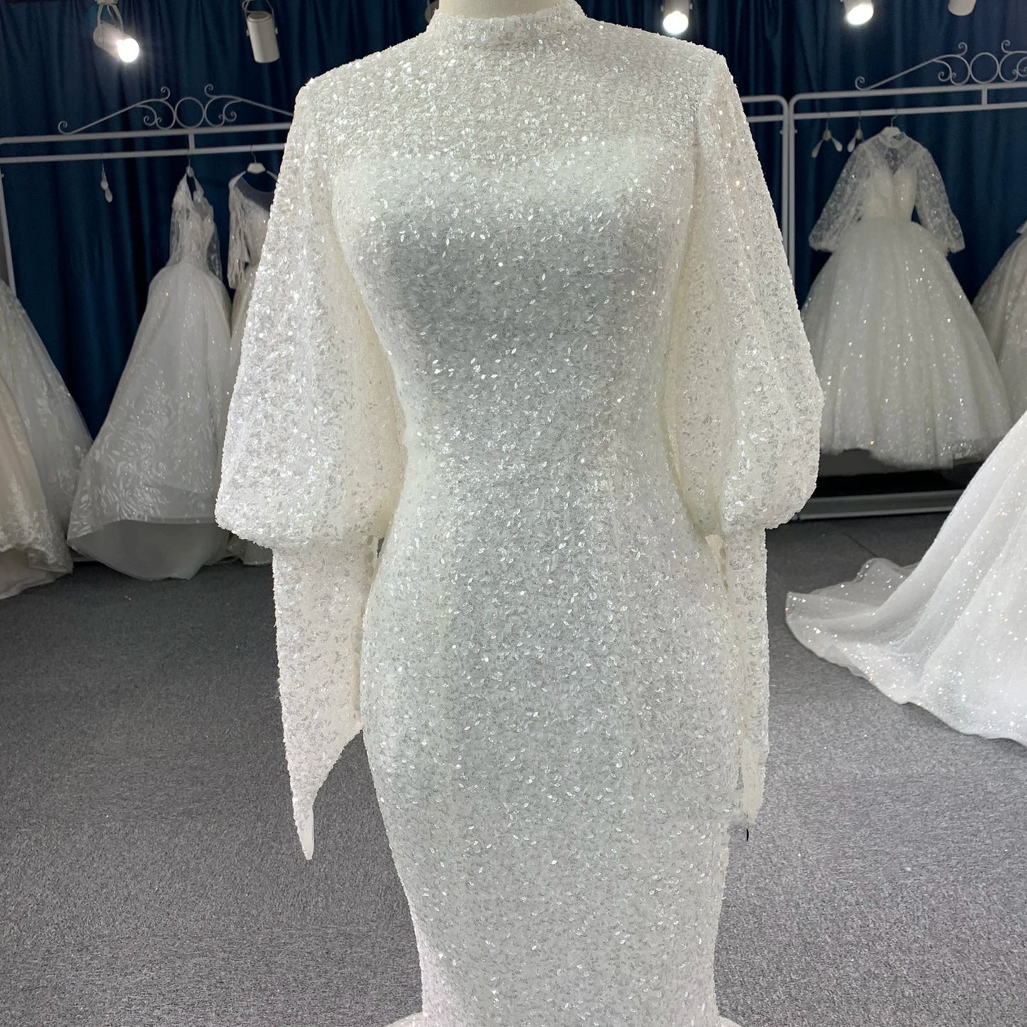 Long Sleeve   High Neck Lace Sequins Flowers Mermaid Bridal Dress