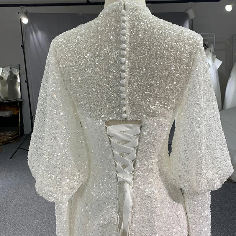 Long Sleeve   High Neck Lace Sequins Flowers Mermaid Bridal Dress