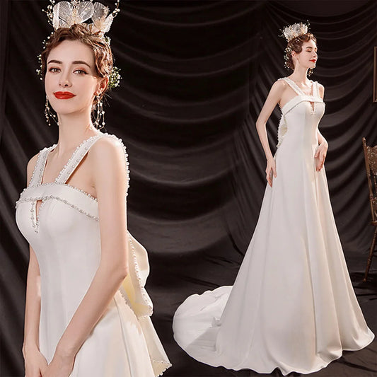 Pearls Bow Satin Wedding Dress