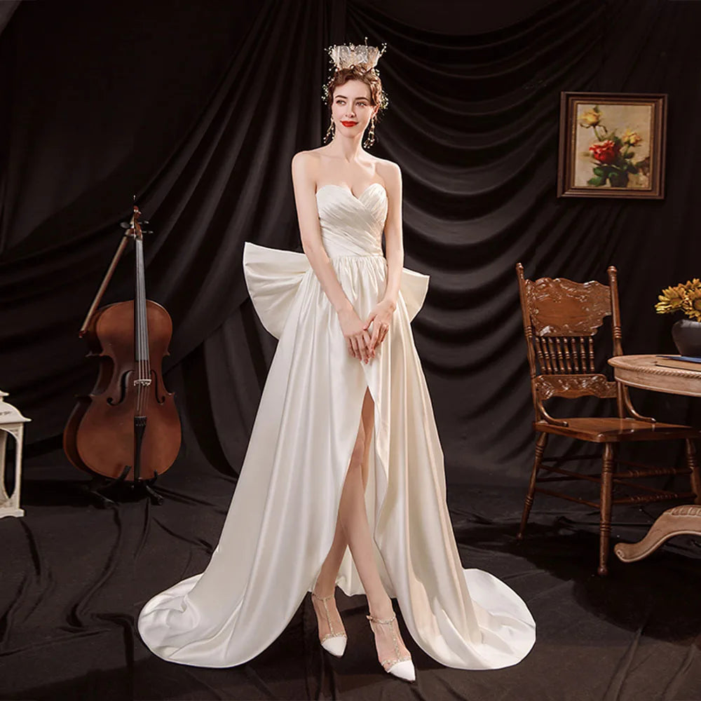 Slit Pleat Satin Wedding Dress with Detachable Bow