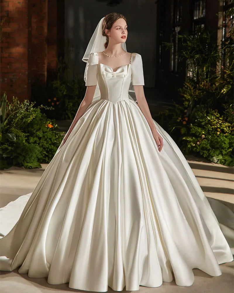 Short Sleeve B Bow Satin Ball Gown