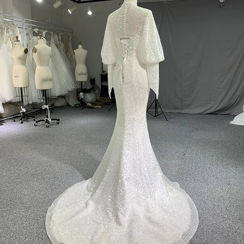 Long Sleeve   High Neck Lace Sequins Flowers Mermaid Bridal Dress