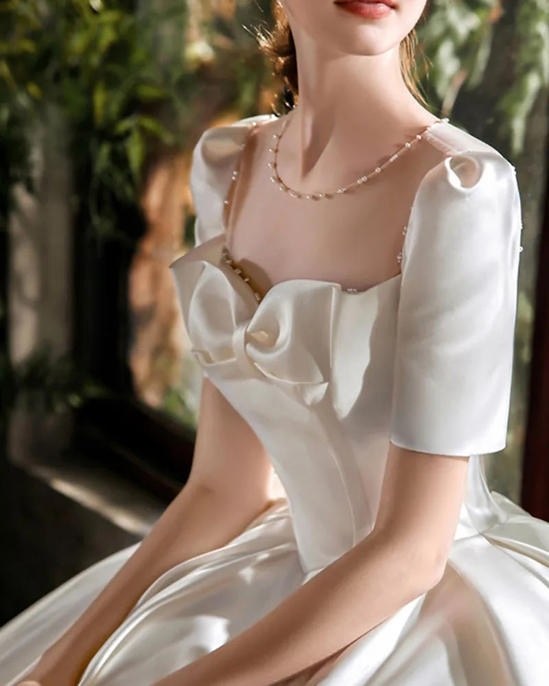 Short Sleeve B Bow Satin Ball Gown