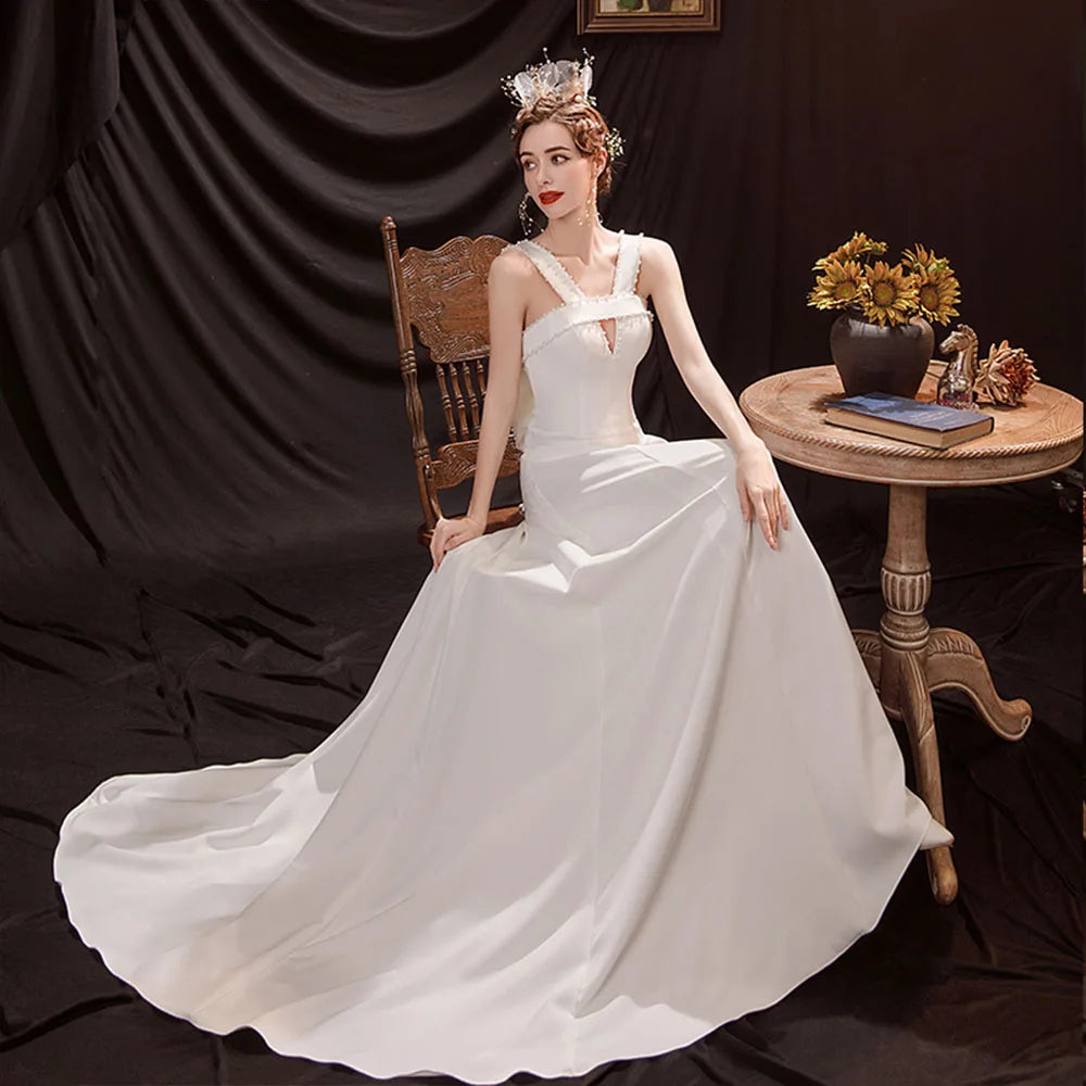 Pearls Bow Satin Wedding Dress