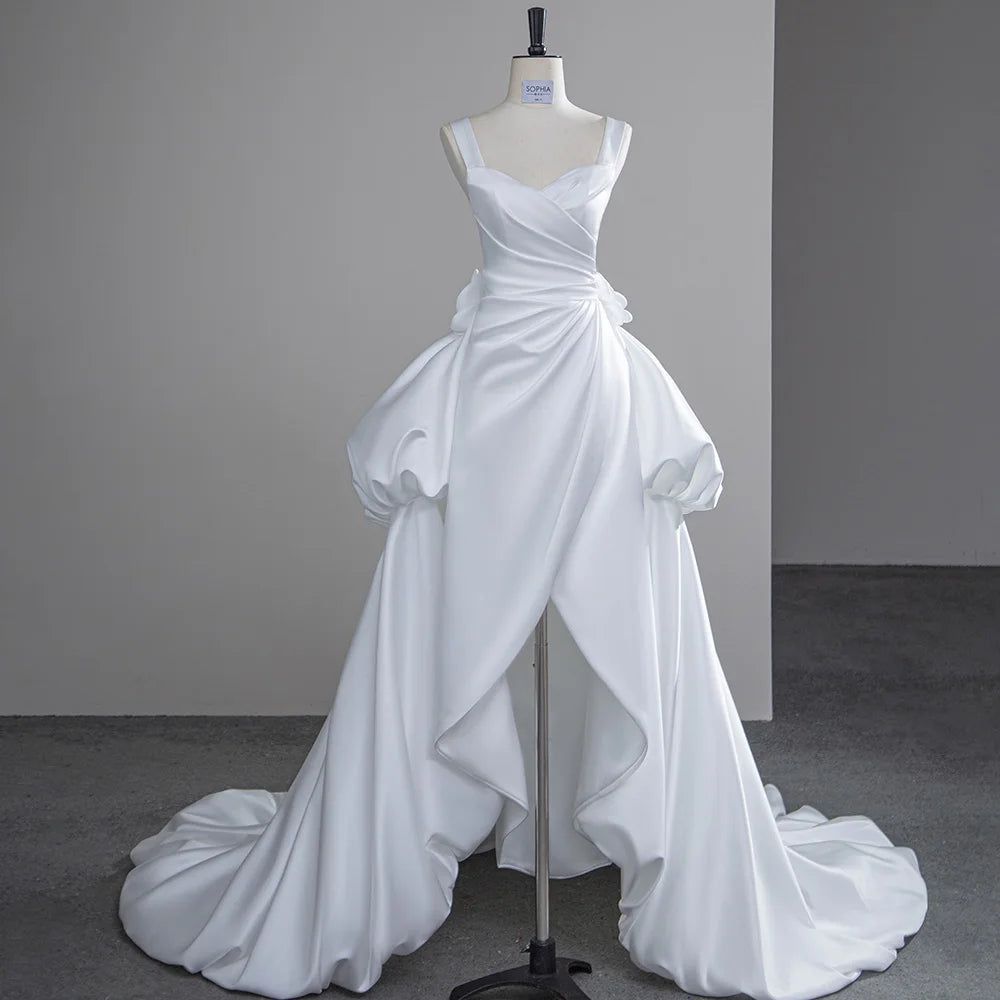 High Low Satin Spaghetti Straps Puffy   Bridal Gowns