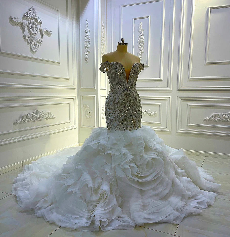 off-the-shoulder mermaid ruffles wedding dress