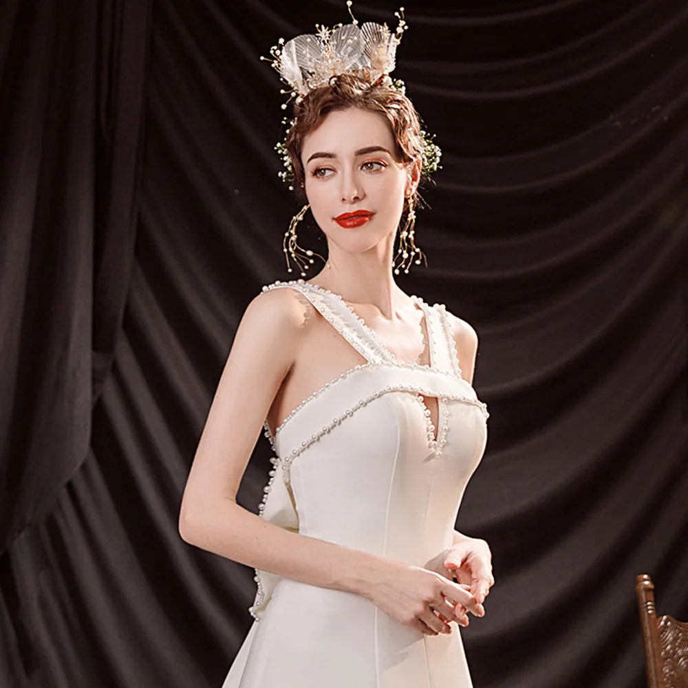 Pearls Bow Satin Wedding Dress
