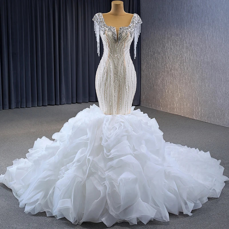 Elegant Wedding ruffled organza Mermaid 2 in 1 Detachable