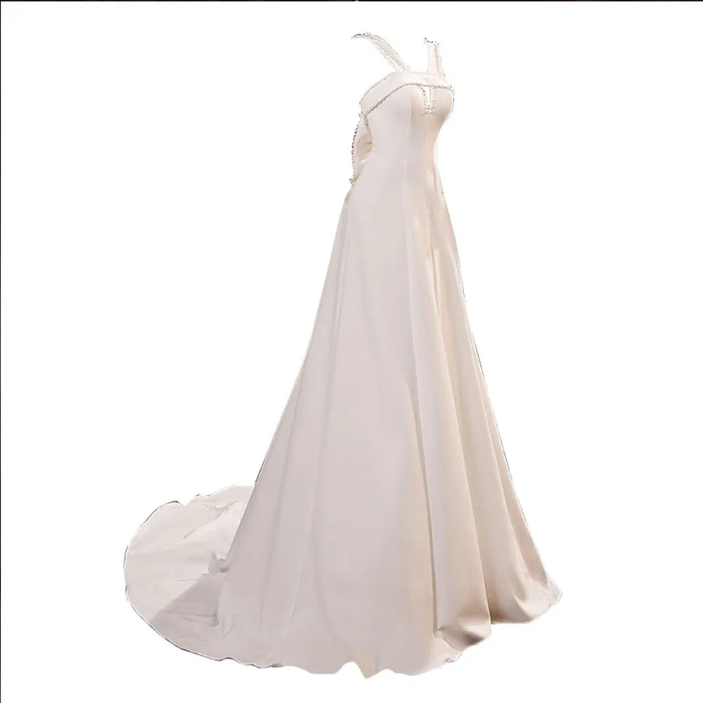 Pearls Bow Satin Wedding Dress